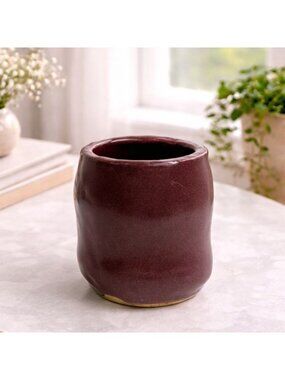 Handmade Burgundy Ceramic Vase - Rustic Wabi-Sabi Style - 3.5" Tall - Unique Org